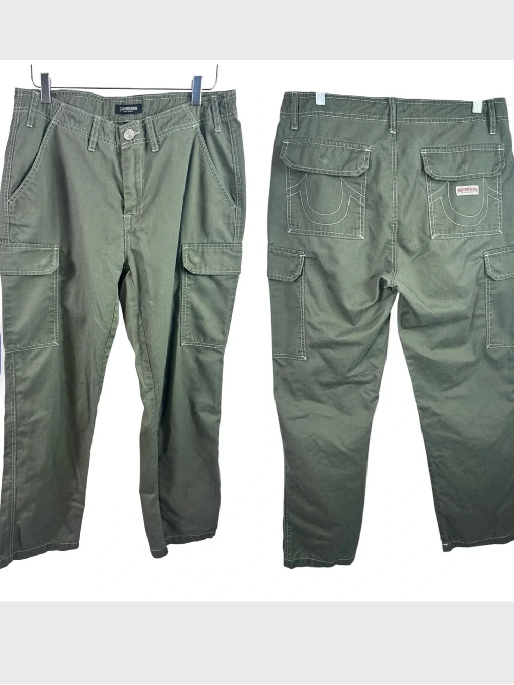 True Religion Baggy Cargo Pants Kalamata Green Contrast Stitch Size 32